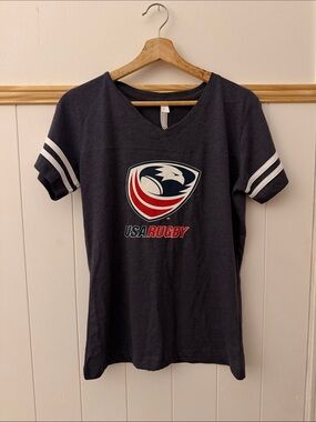 USA Rugby Women’s V-Neck Short Sleeve Tee - Navy with White Stripes